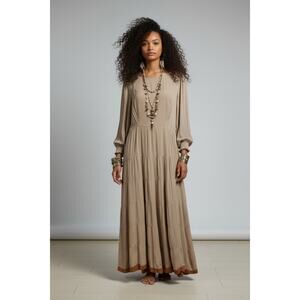 Baltic Born  Boho Taupe Beige Tiered Maxi Dress Long Sleeve Size M